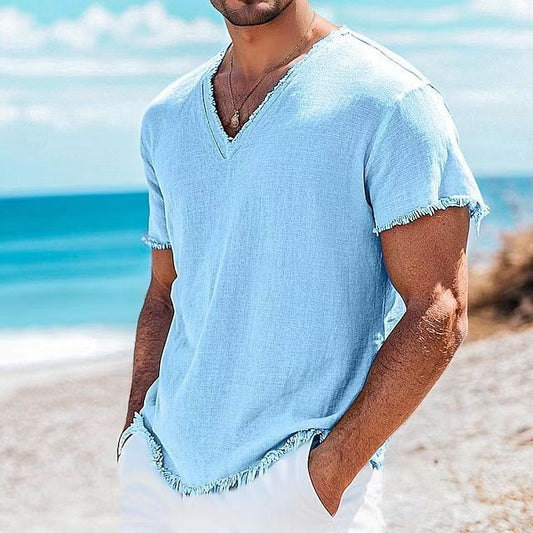 Men’s Cotton-Linen Solid Color Short Sleeve Shirt – Lightweight Summer Top