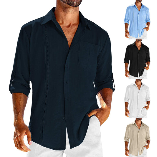 Men’s Casual Long Sleeve Polo Shirt – Solid Color Button-Up with Chest Pocket & Lace Detail