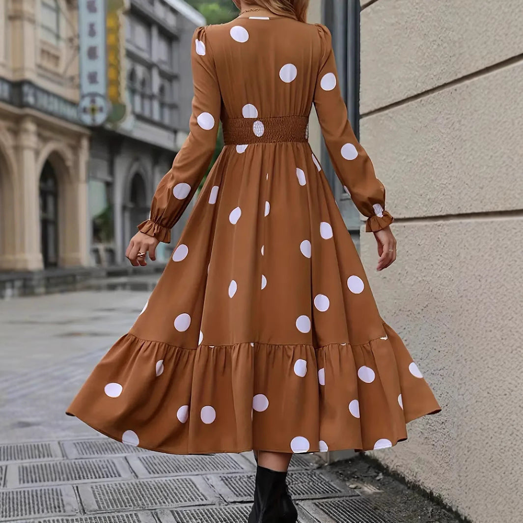 Women’s V-Neck Ruffle Hem Dress – Long Sleeve Elegant Casual Mini Dress
