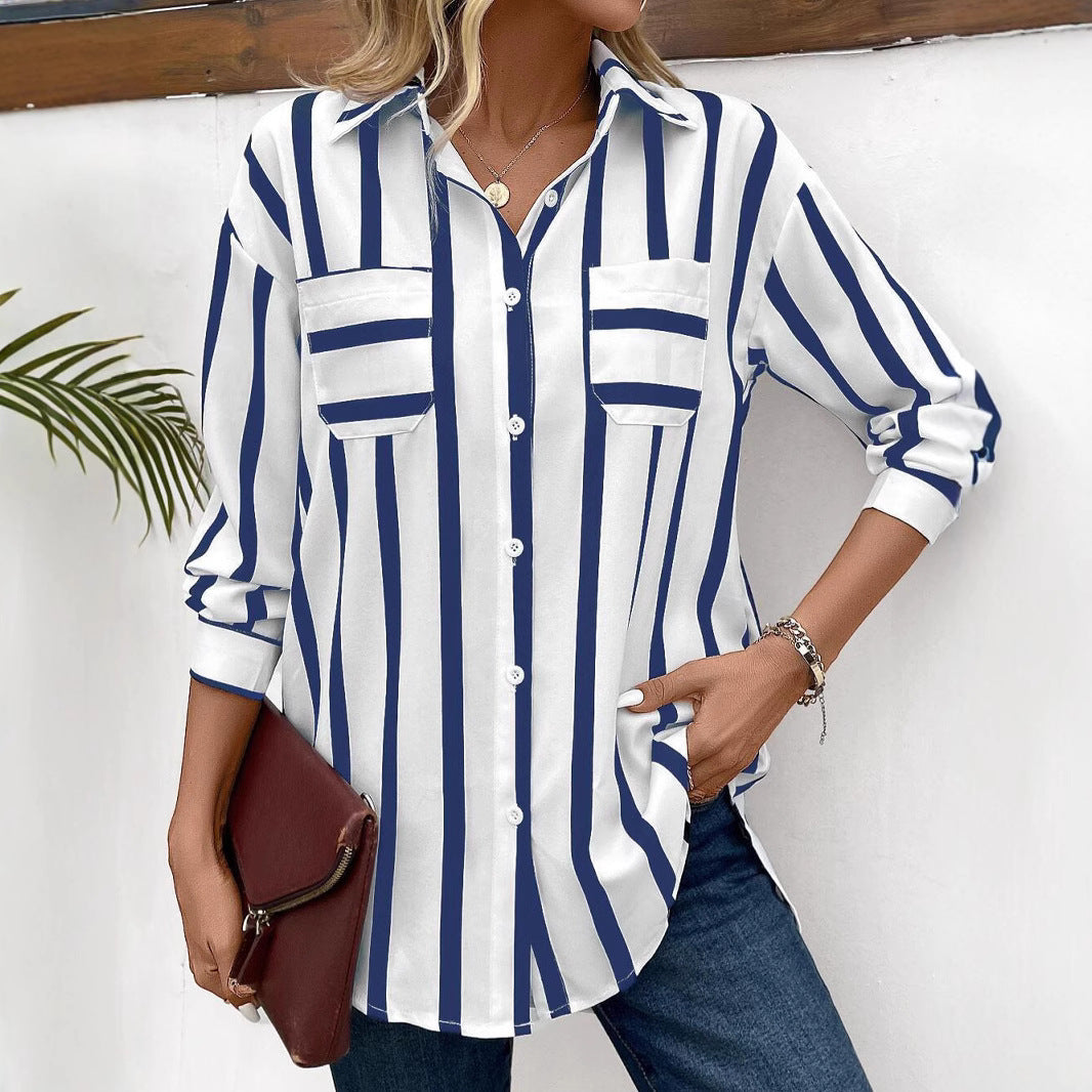 Women’s Multi-Color Vertical Stripe Shirt Coat – Trendy Lightweight Outerwear
