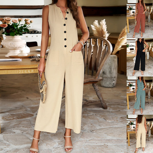 Women’s Sleeveless Wide-Leg Jumpsuit – Button Front Casual Chic One-Piece Outfit