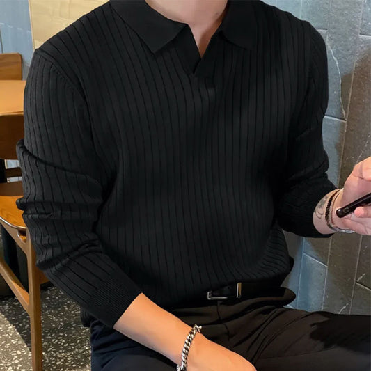 Men’s Knitted Long-Sleeve Lapel T-Shirt – Casual Stylish Pullover