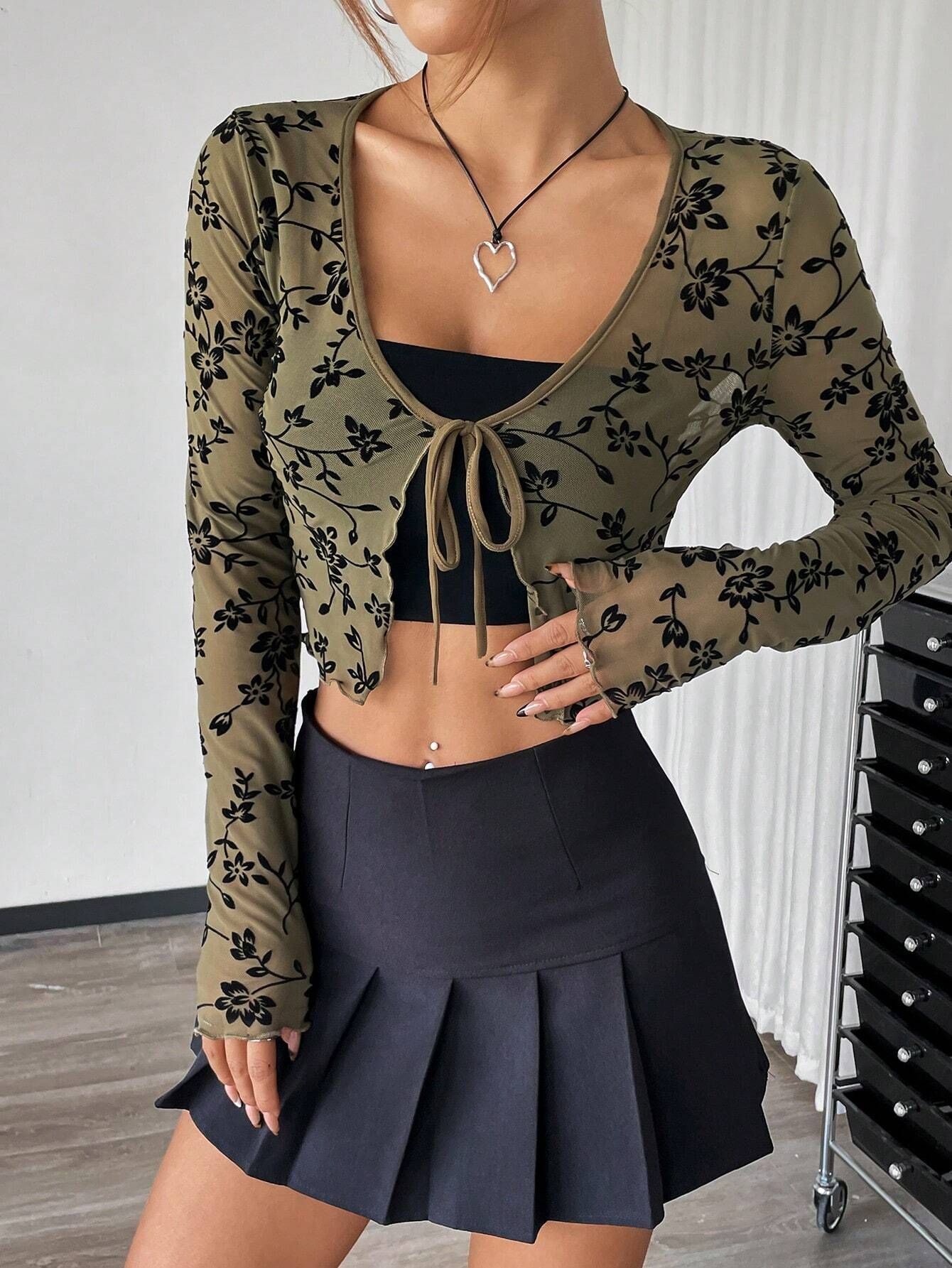 Women’s European & American Elegant Transparent Mesh Flocking Front Lace-Up Top
