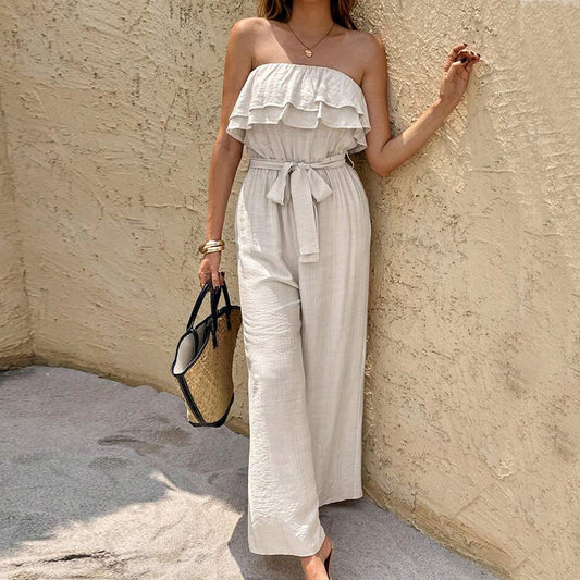 Women’s Summer Sleeveless Tube Top Jumpsuit – Ruffled Tie-Waist Casual Romper