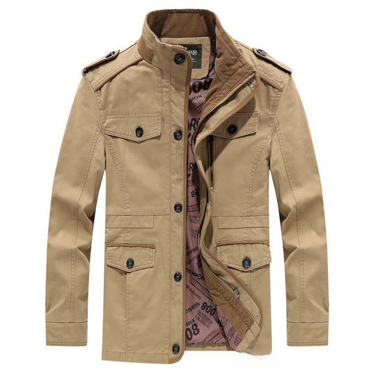 Men’s Washed Cotton Trench Coat – Plus Size Mid-Length Jacket with Stand Collar