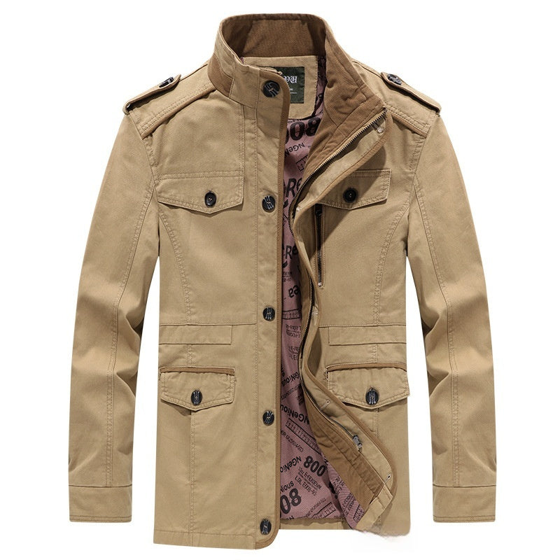Men’s Washed Cotton Trench Coat – Plus Size Mid-Length Jacket with Stand Collar