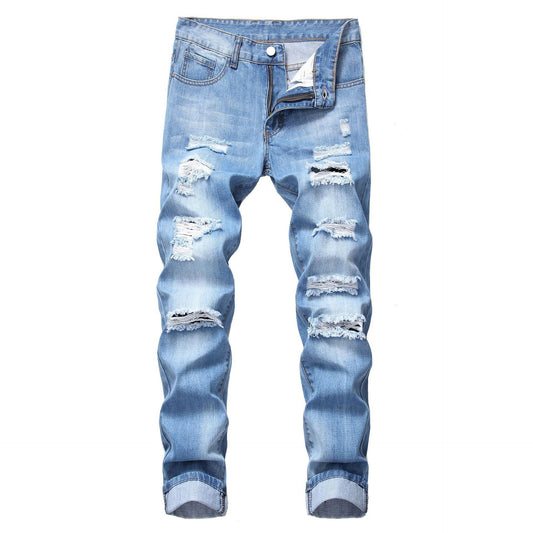 Men’s Ripped Straight-Leg Slim Fit Jeans – Non-Stretch Distressed Denim Pants