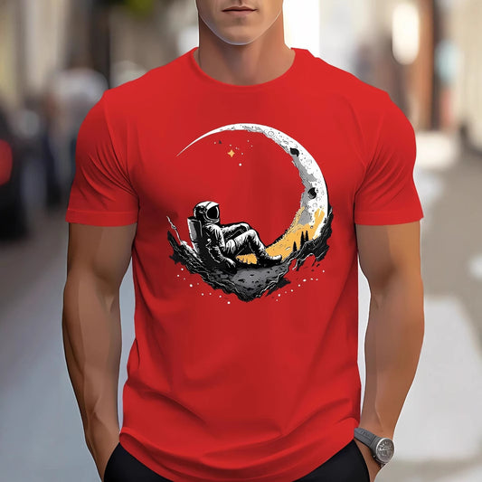 Men’s Astronaut Moon Graphic T-Shirt – Casual Short Sleeve Polyester Tee