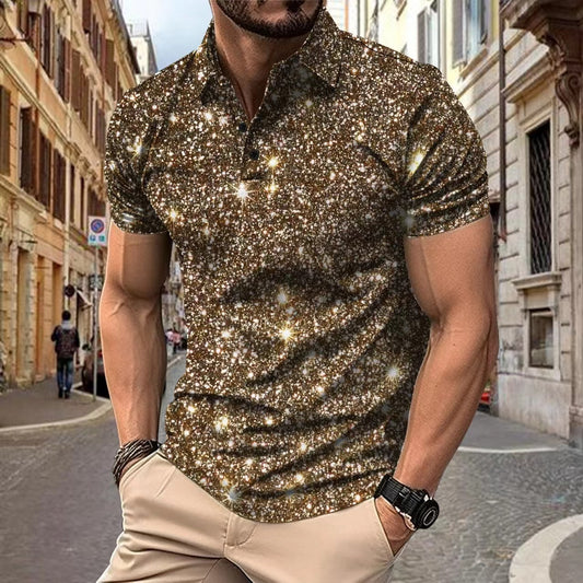 Men’s Digital Print Polo Shirt – Button Up Streetwear Casual T-Shirt