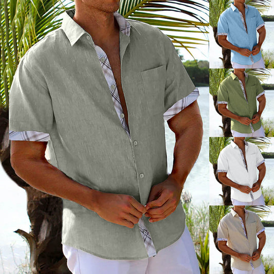 Men’s Short Sleeve Vacation Shirt – Summer Beach Top with Plaid Side Detail