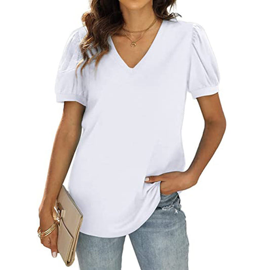 Women’s European & American Summer Casual V-Neck Puff Sleeve Loose Solid Color T-Shirt