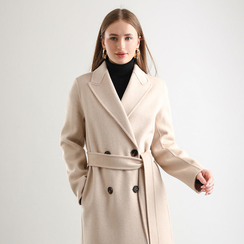 Women’s Mid-Length Wool Overcoat – Elegant Winter Woolen Coat for Cold Weather
