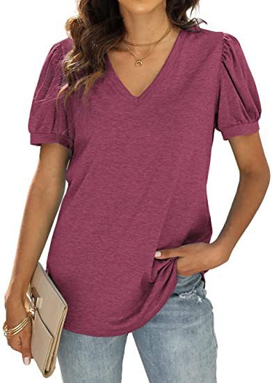 Women’s European & American Summer Casual V-Neck Puff Sleeve Loose Solid Color T-Shirt